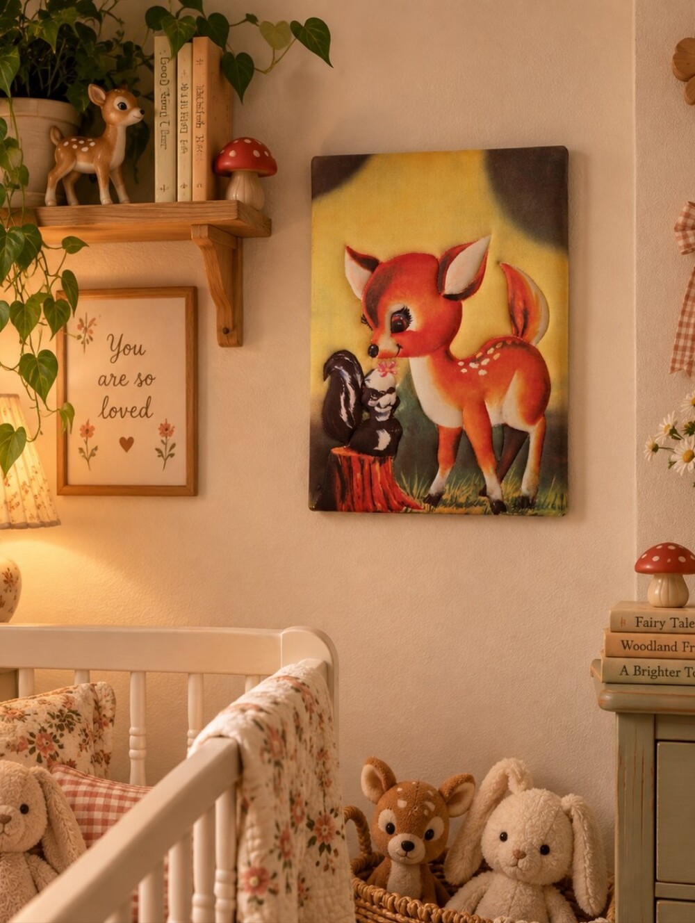 Vintage 1960s Puffy 3D Fabric Bambi & Flower Wall Art Disney Cottagecore Kitsch